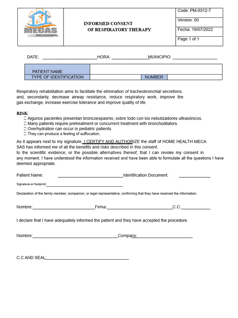 PM-0312-7 Informed Consent For RESPIRATORY THERAPY | PDF