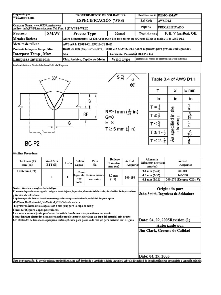 Especificación WPS SMAW AWS D1.1 | PDF | Soldadura | Construcción