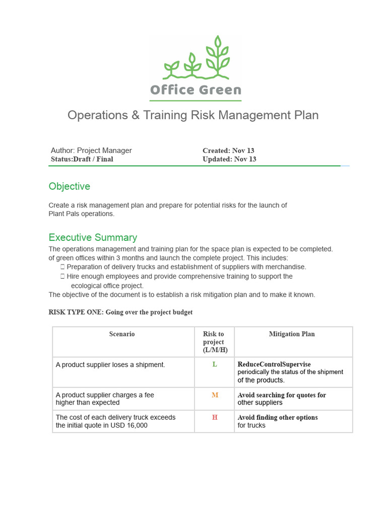 Risk Management Plan for Plant Pals Operations | PDF | Risk | Risk ...