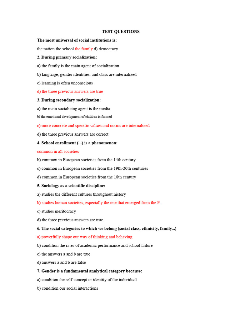 Sociology Exam | PDF | Family | Socialization
