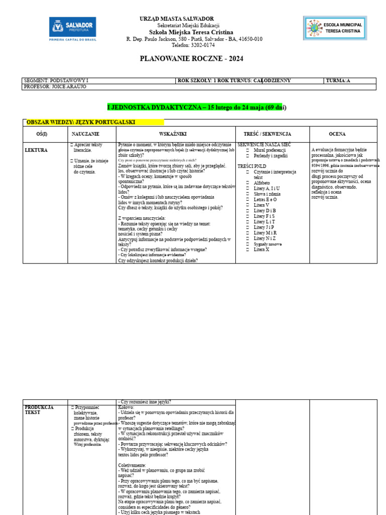 Plan Roczny - 1. Rok 2024 | PDF