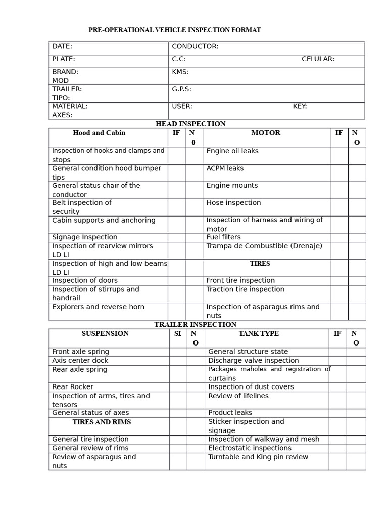 Pre-Operational Vehicle Inspection Checklist | PDF | Truck | Tire