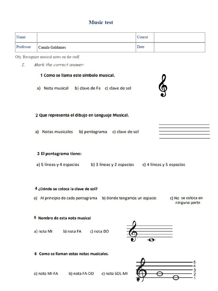 Music Notes Recognition Test | PDF