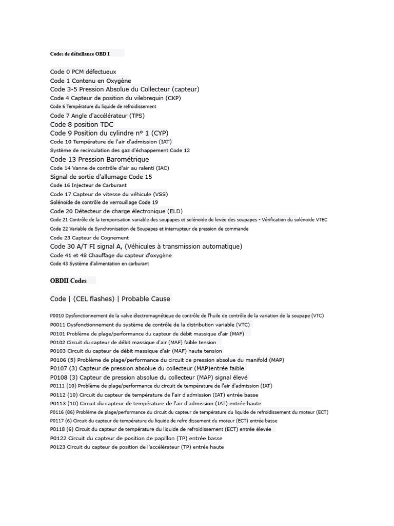 Codes de défaillance OBD I et OBD II | PDF | Allumage | Moteurs