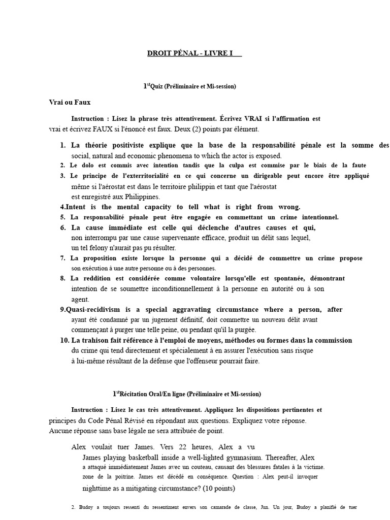 Quiz et cas pratiques en droit pénal | PDF | Crimes | Crime et violence