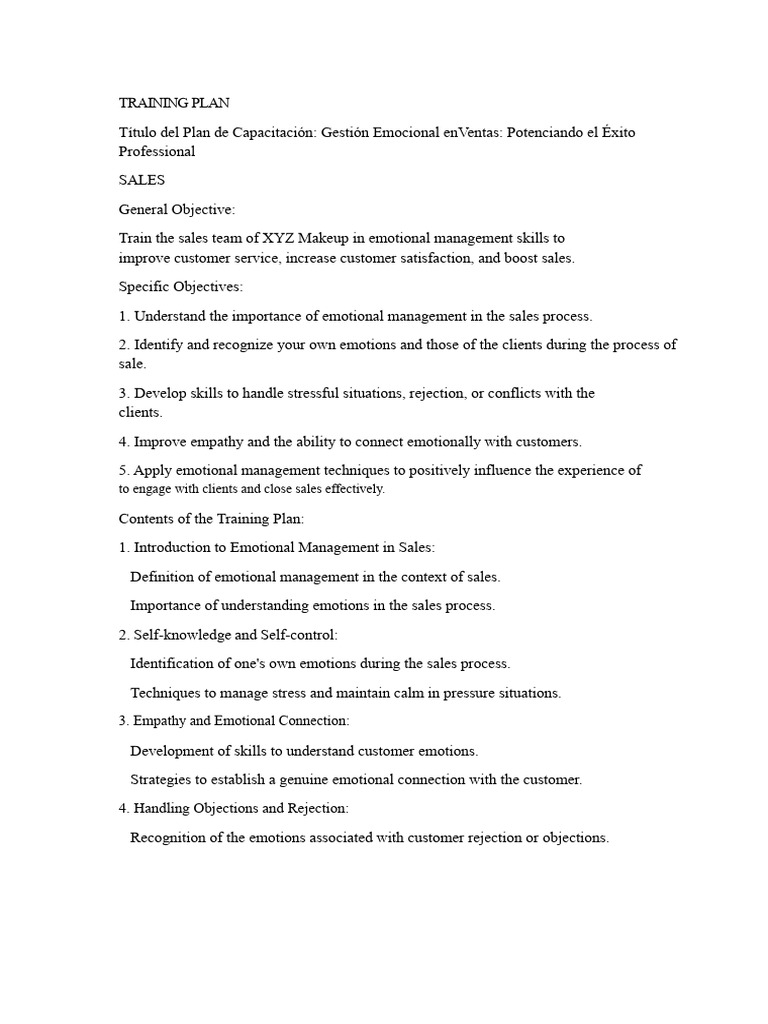 Training Plan | PDF | Sales | Psychological Resilience