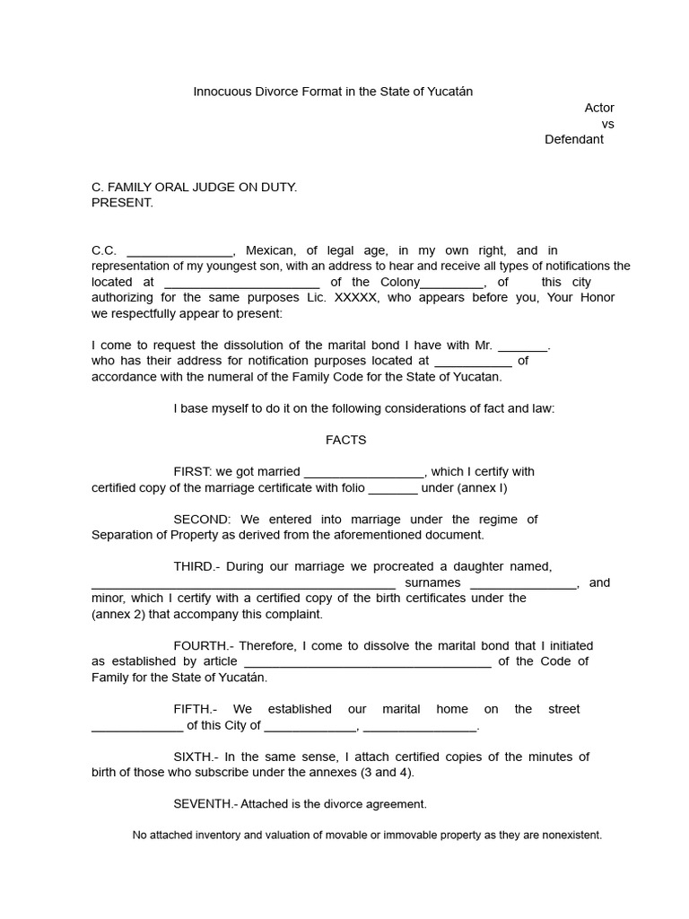 Yucatán Divorce Petition Template | PDF | Divorce | Marriage