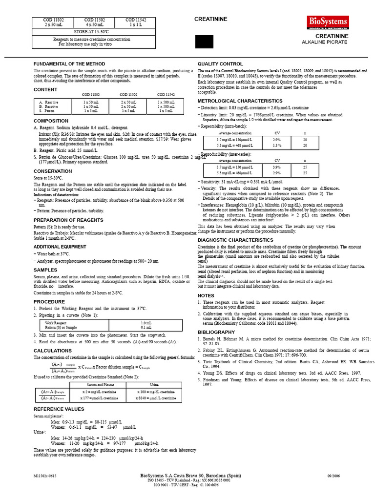 Creatinine Measurement Reagents Guide | PDF | Creatinine | Kidney