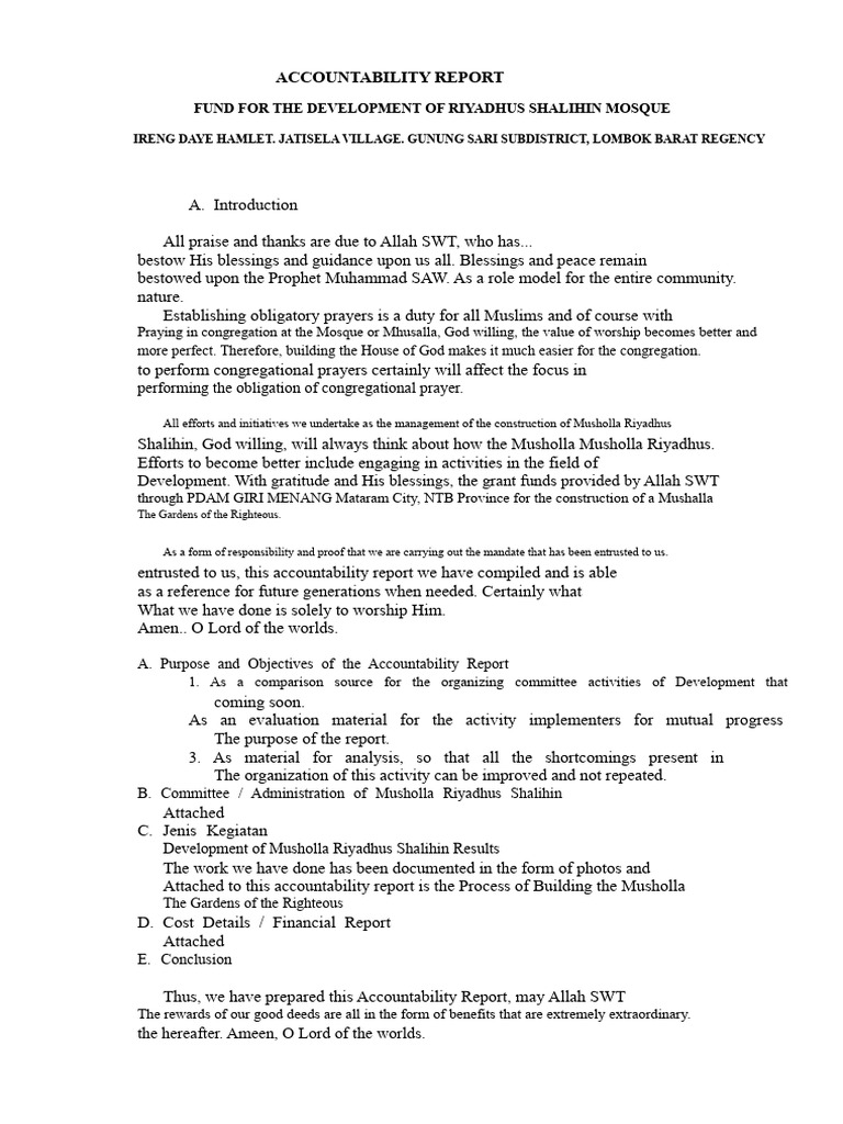 EXAMPLE OF ACCOUNTABILITY REPORT (LPJ) For The Construction of ...