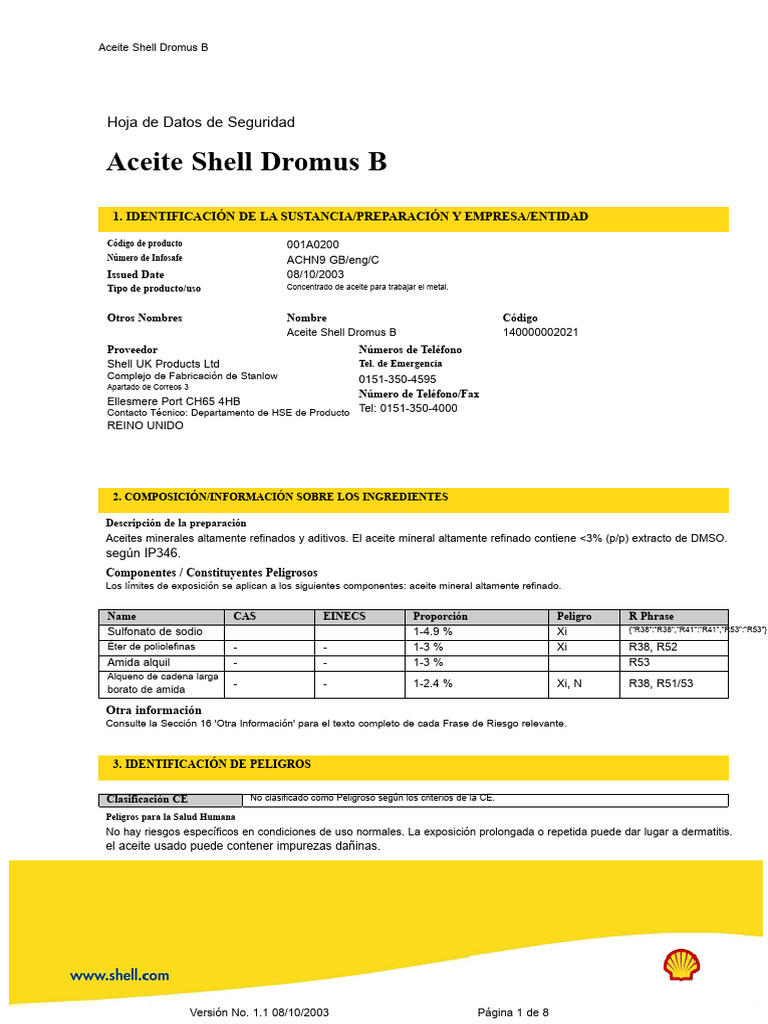 Hoja de Seguridad Aceite Shell Dromus B | PDF | Contaminación | Residuos