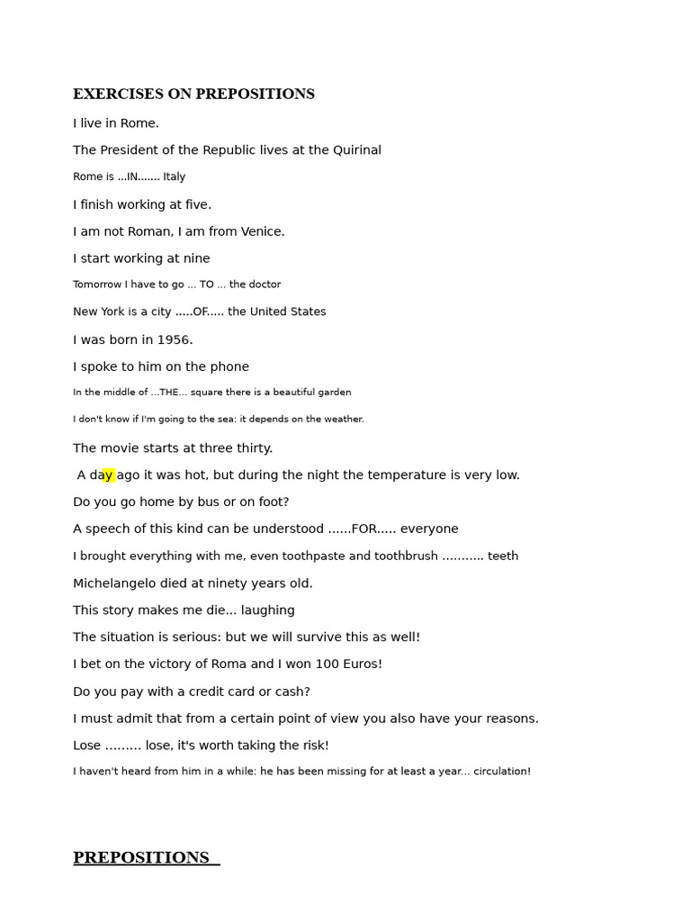 Prepositions Practice Exercises | PDF