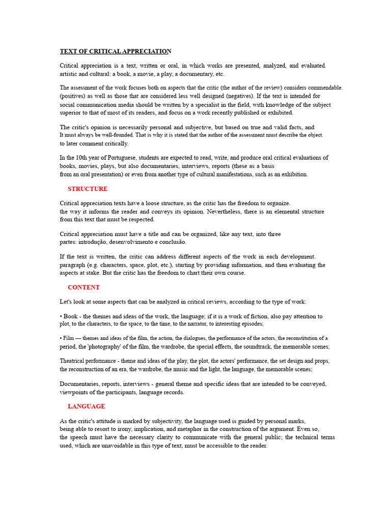 Text of Critical Appreciation | PDF | Subject (Grammar) | Predicate ...