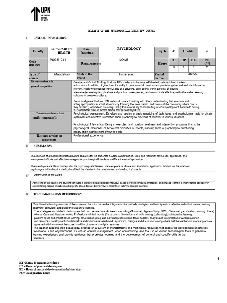 Syllabus Psychological Interview | PDF | Psychology | Learning