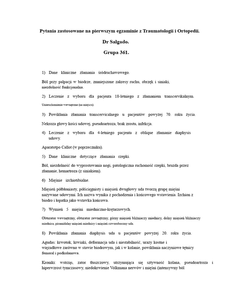 Pytania Zadane Na Pierwszym Egzaminie Z Traumatologii I Ortopedii | PDF