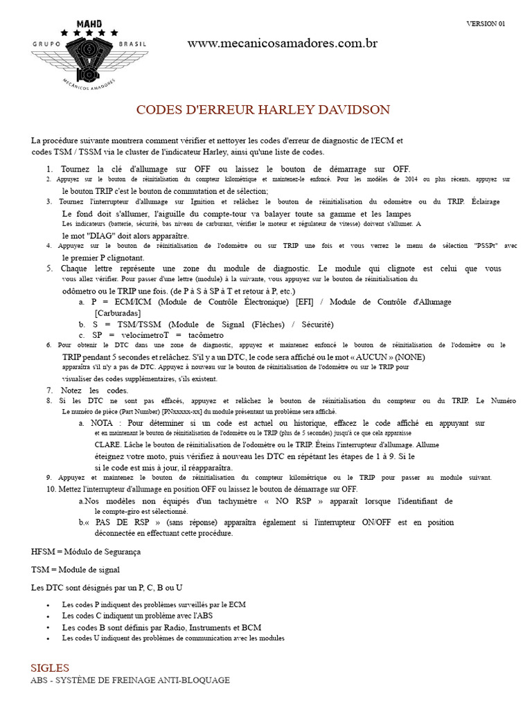 Codes d'erreur Harley Davidson expliqués | PDF | Allumage | Injection ...