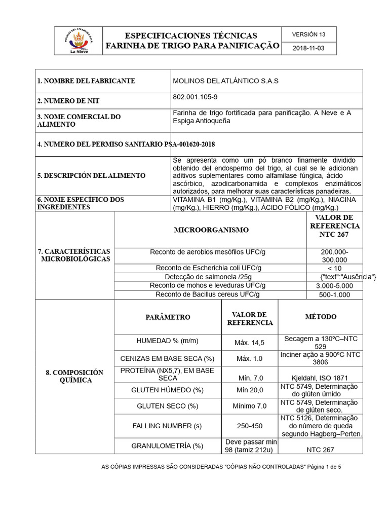Especificações Técnicas da Farinha de Trigo | PDF | Farinha | Pães