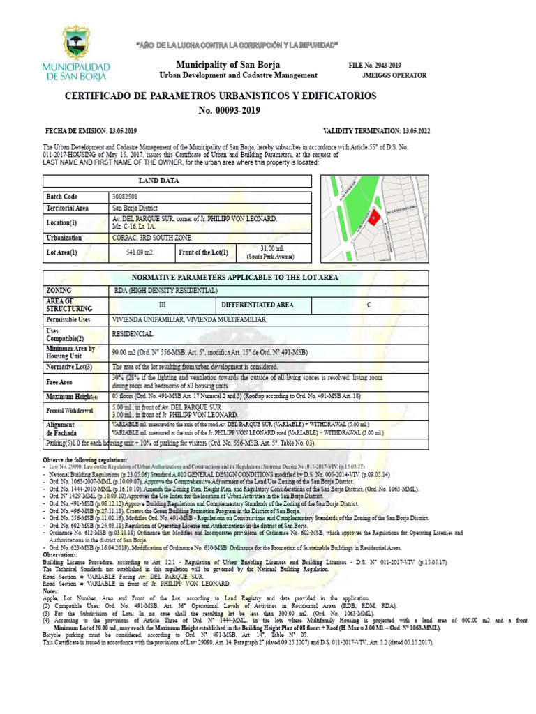 Example of Certificate of Urban and Building Parameters. | PDF | Zoning
