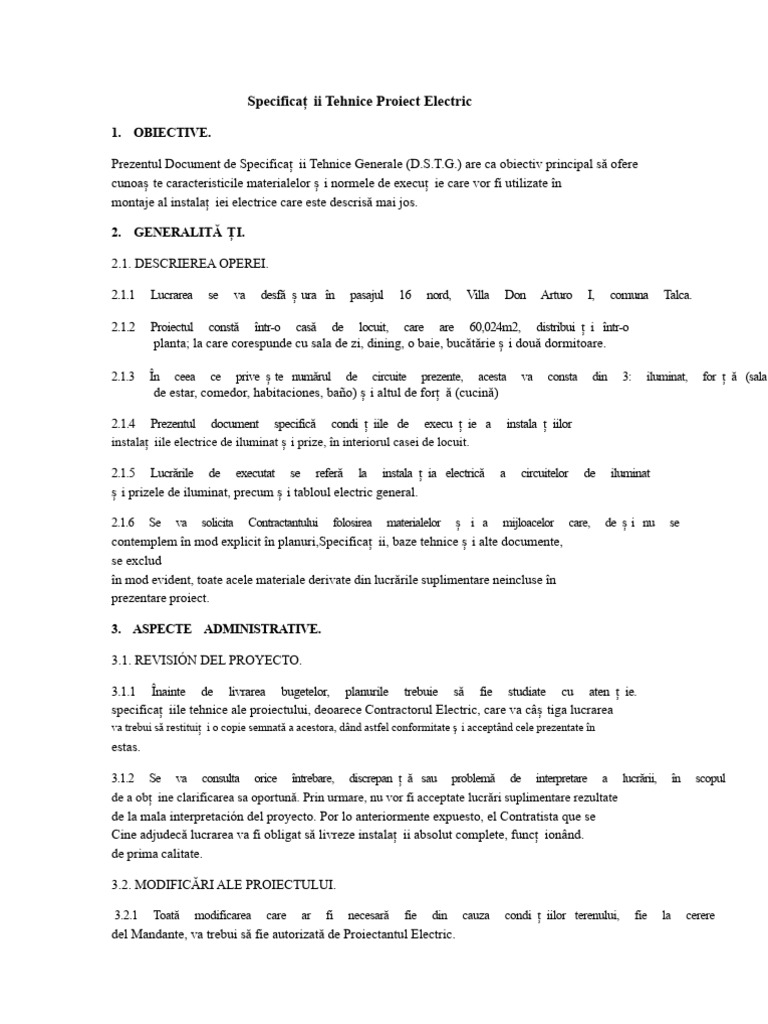 Specificații Tehnice Proiect Electric | PDF