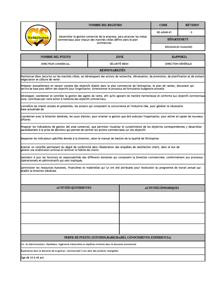 Description de poste : Directeur Commercial | PDF | Gestion des ...