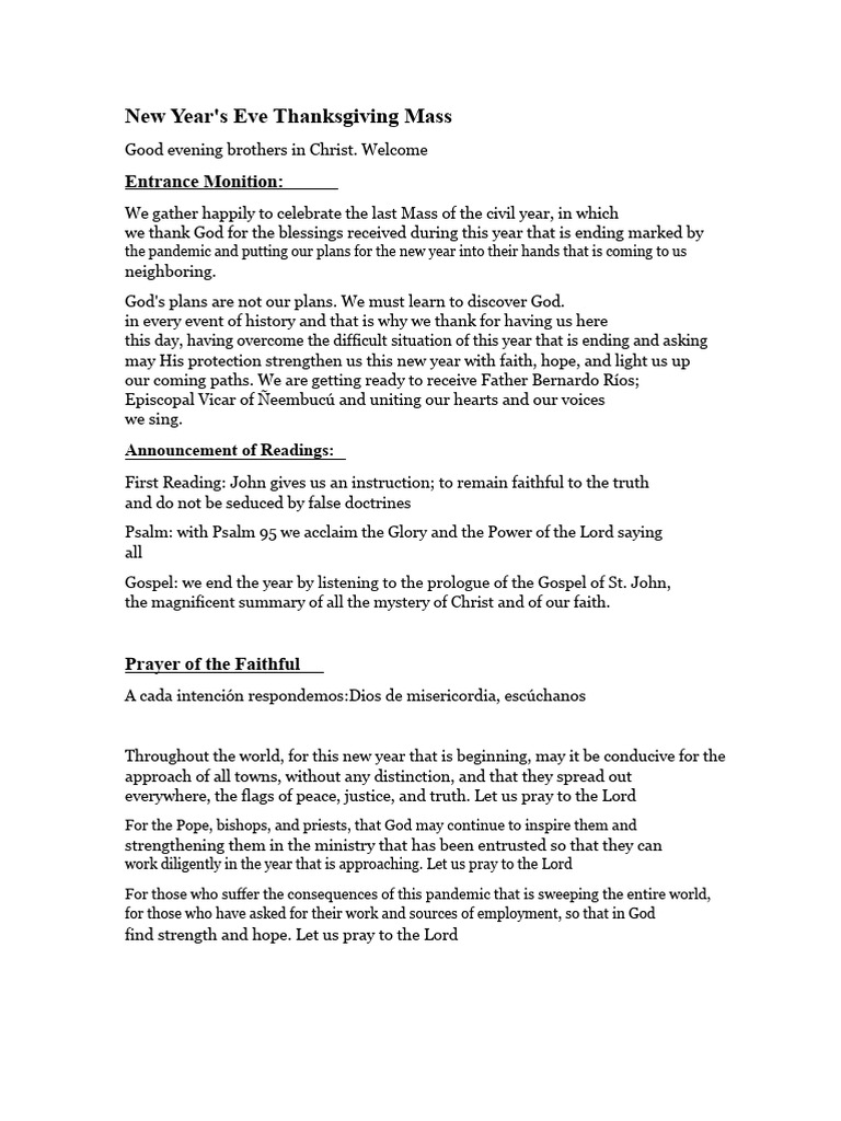 New Year's Eve Thanksgiving Mass Guide | PDF | Eucharist | Catholic Liturgy