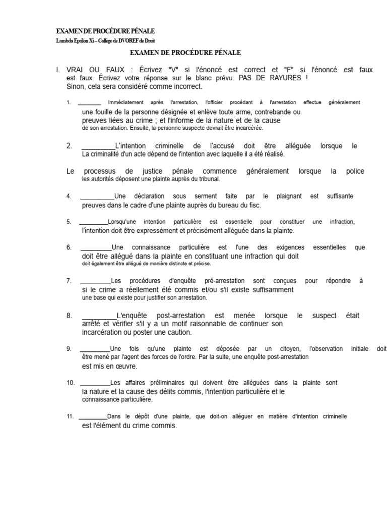 Examen de Procédure Pénale DVOREF | PDF | Crimes | Crime et violence