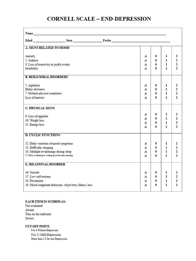 Cornell Scale for End-Depression Assessment | PDF | Major Depressive ...