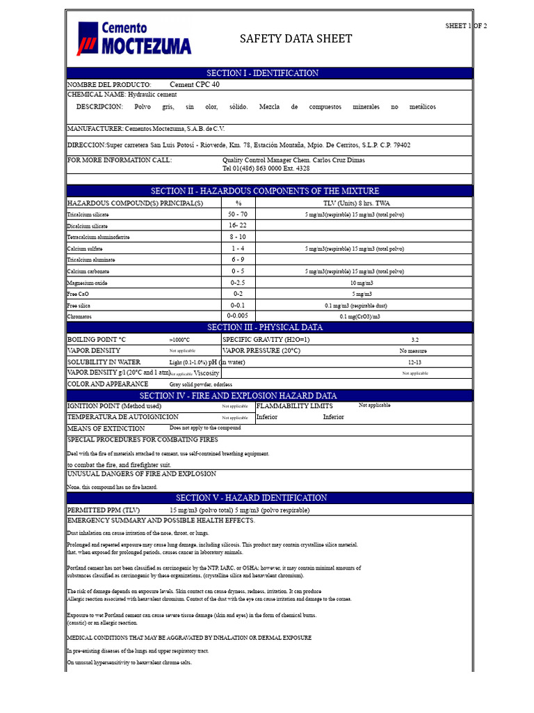 Cement CPC 40 Safety Data Sheet | PDF | Personal Protective Equipment ...