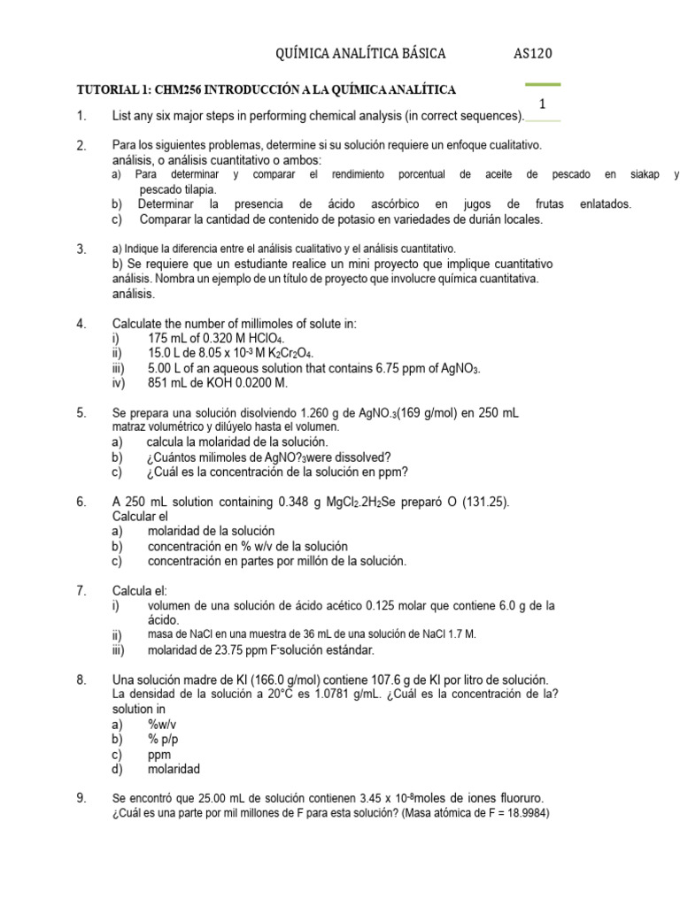 Tutorial 1 Chm256 | PDF | Concentración | Partes por notación