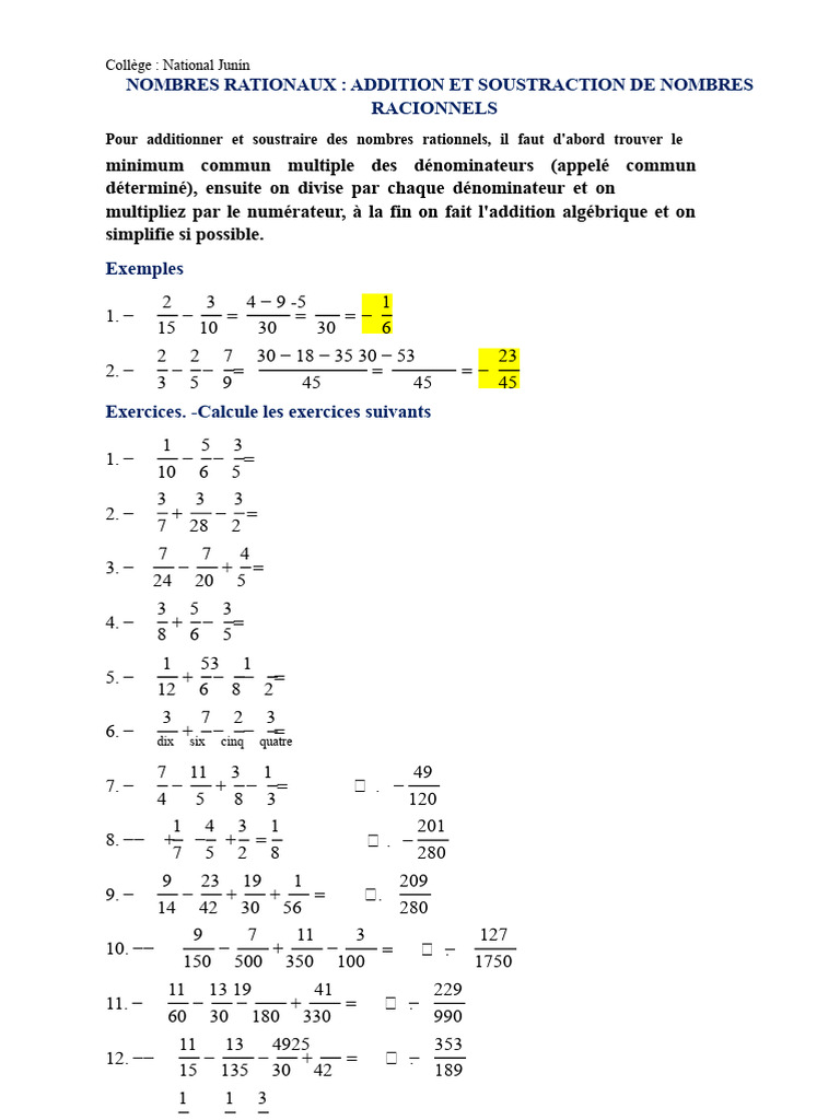 Nombres Rationnels Opérations Combinées | PDF | Multiplication | Nombre
