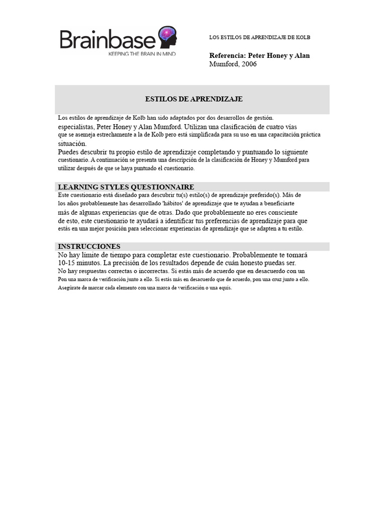 Estilos de Aprendizaje de Kolb y Honey | PDF | Teoría | Pensamiento