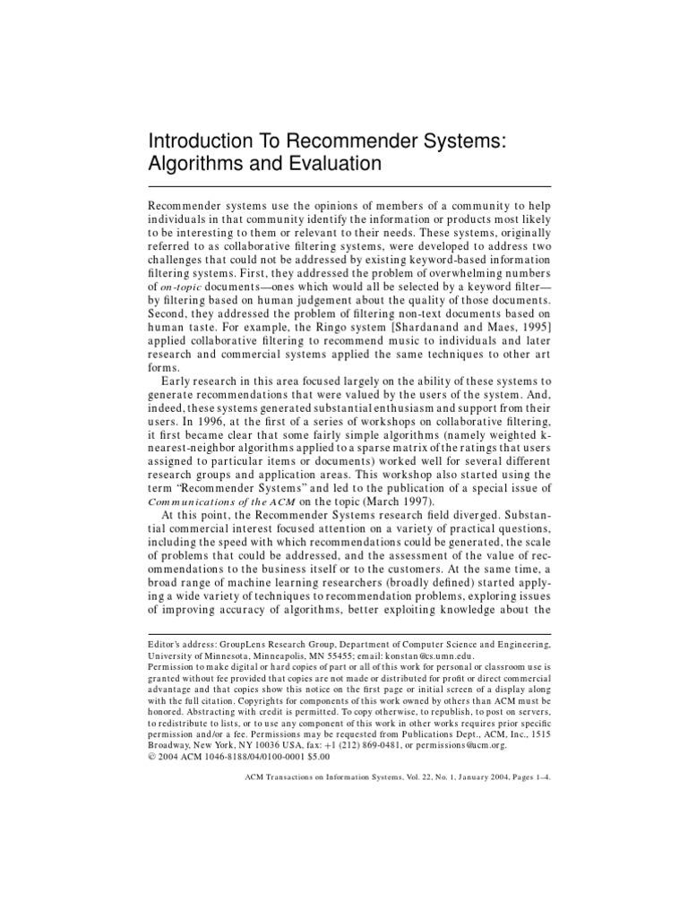 Introduction To Rec Om Mender Systems, Algorithms and Evaluation | PDF ...