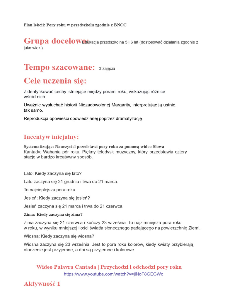 Pory Roku - Plan Lekcji | PDF