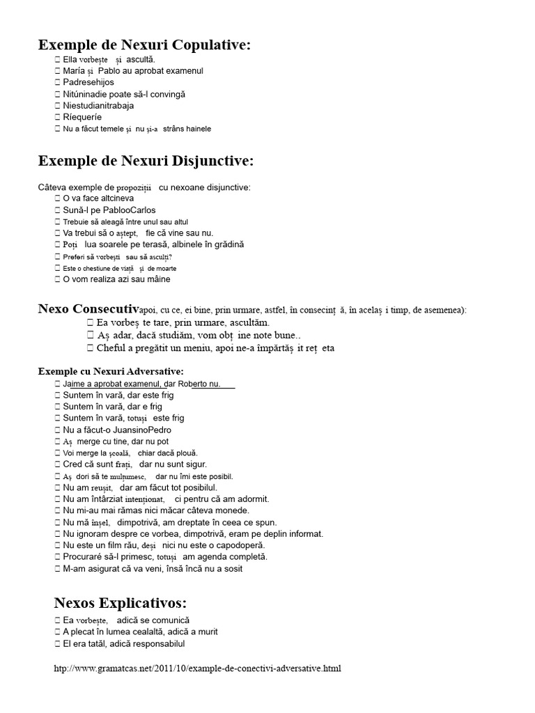 Exemple de Nexo Copulativ Disjunctiv Consecutiv Adversativ Explicativ | PDF