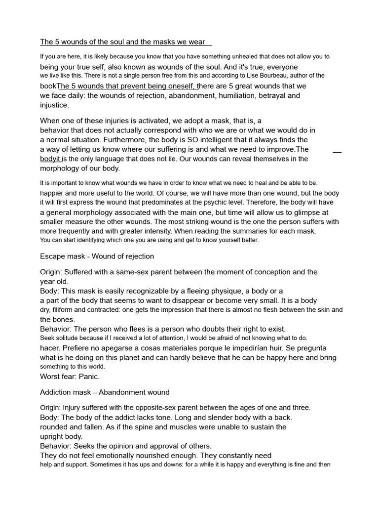 The 5 Wounds of The Soul and The Masks We Wear | PDF | Psychological ...