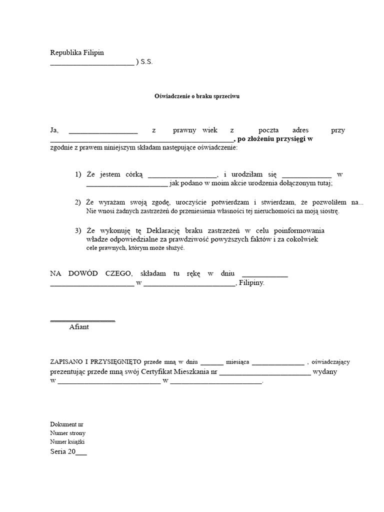 oświadczenie o braku sprzeciwu dotyczące nieruchomości (szablon) | PDF