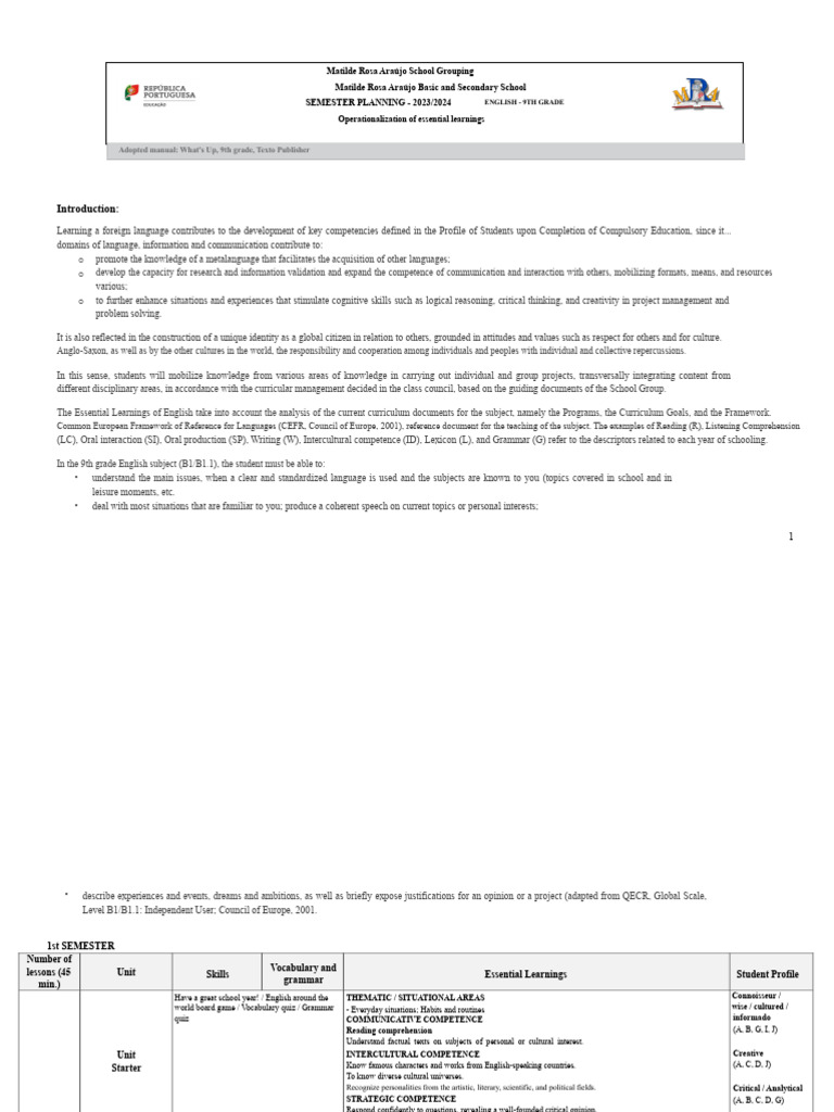 9th Grade English Semester Plan 2023/24 | PDF | Reading Comprehension ...