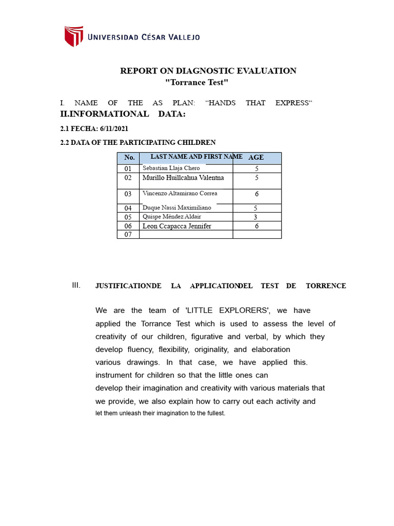 Torrence Test Report Model | PDF | Cognitive Science | Cognition