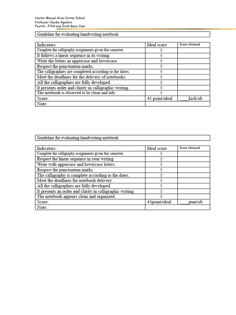 Guideline For Evaluating A Handwriting Notebook | PDF