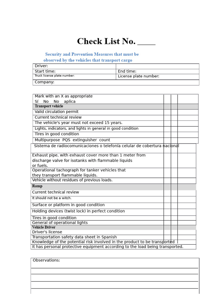 Cargo Transport Safety Checklist | PDF