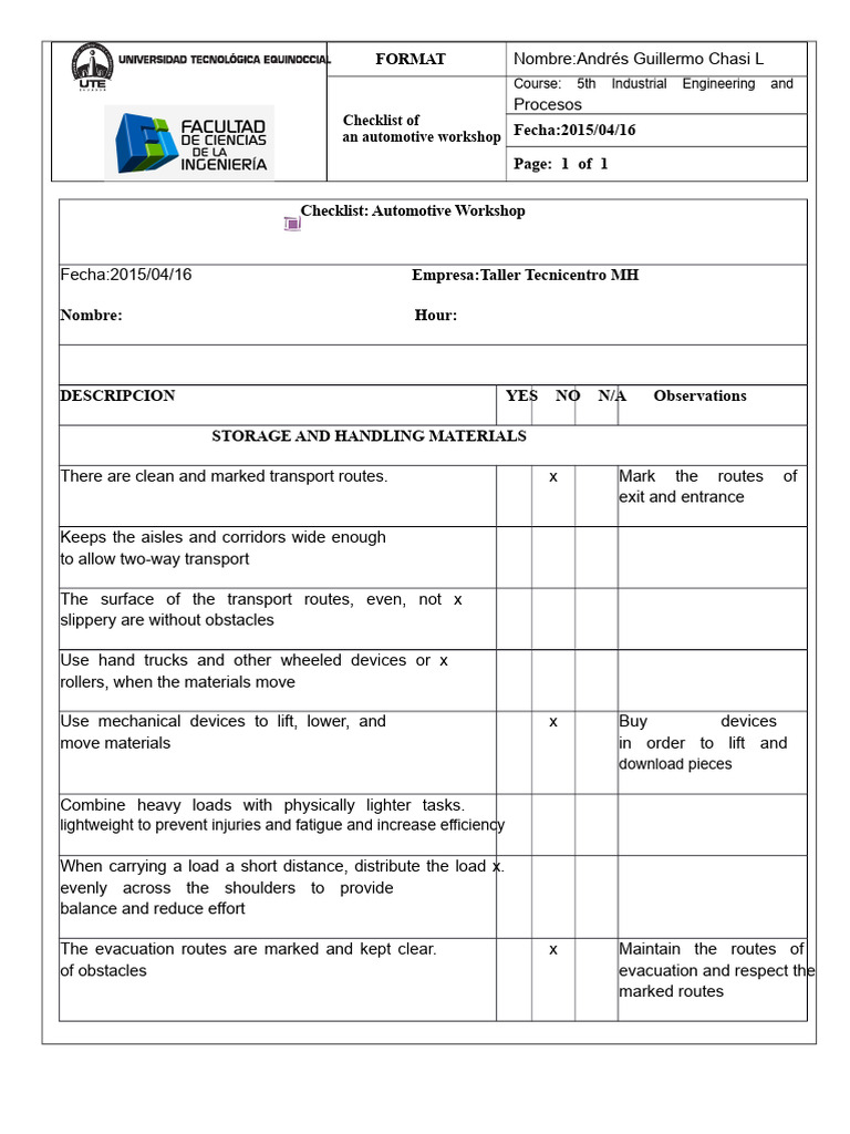 Automotive Workshop Safety Checklist | PDF | Lighting | Safety