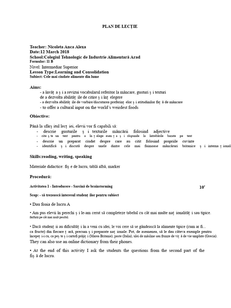 Plan de Lecție Despre Cele Mai Ciudate Mâncăruri Din Lume | PDF