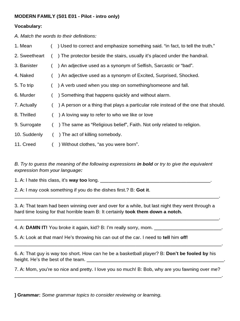 Modern Family Pilot Vocabulary Guide | PDF | Perfect (Grammar) | Semantics