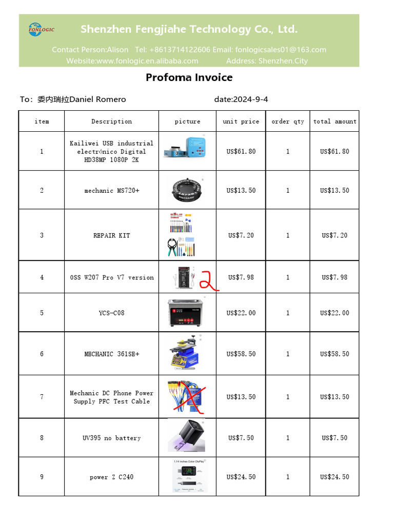 Proforma Invoice from Shenzhen Fengjiahe | PDF