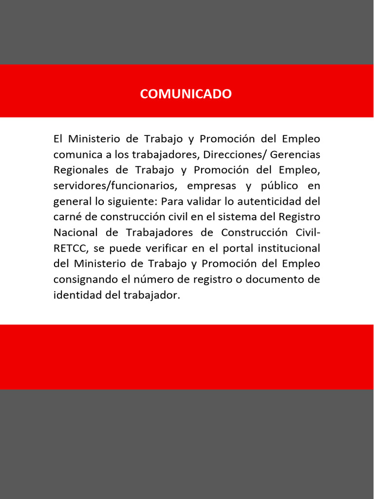 El Ministerio de Trabajo y Promoción Del Empleo Comunica A Los ...