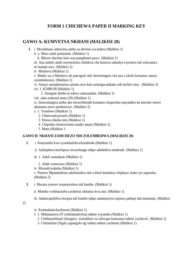 Bua Cdss Chichewa II Form 1 Marking Key | PDF