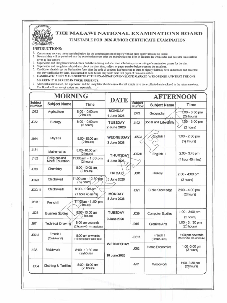 2026 JCE Draft Timetable | PDF