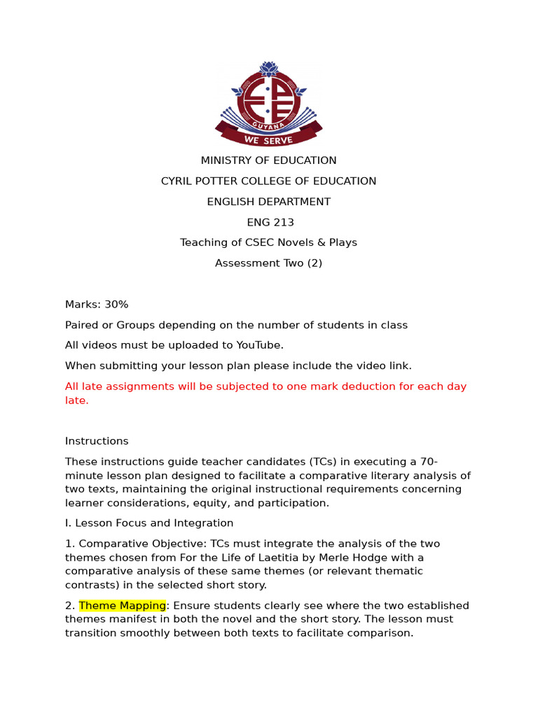 Teaching of CSEC Novels and Plays Assessment 2 | PDF | Lesson Plan ...