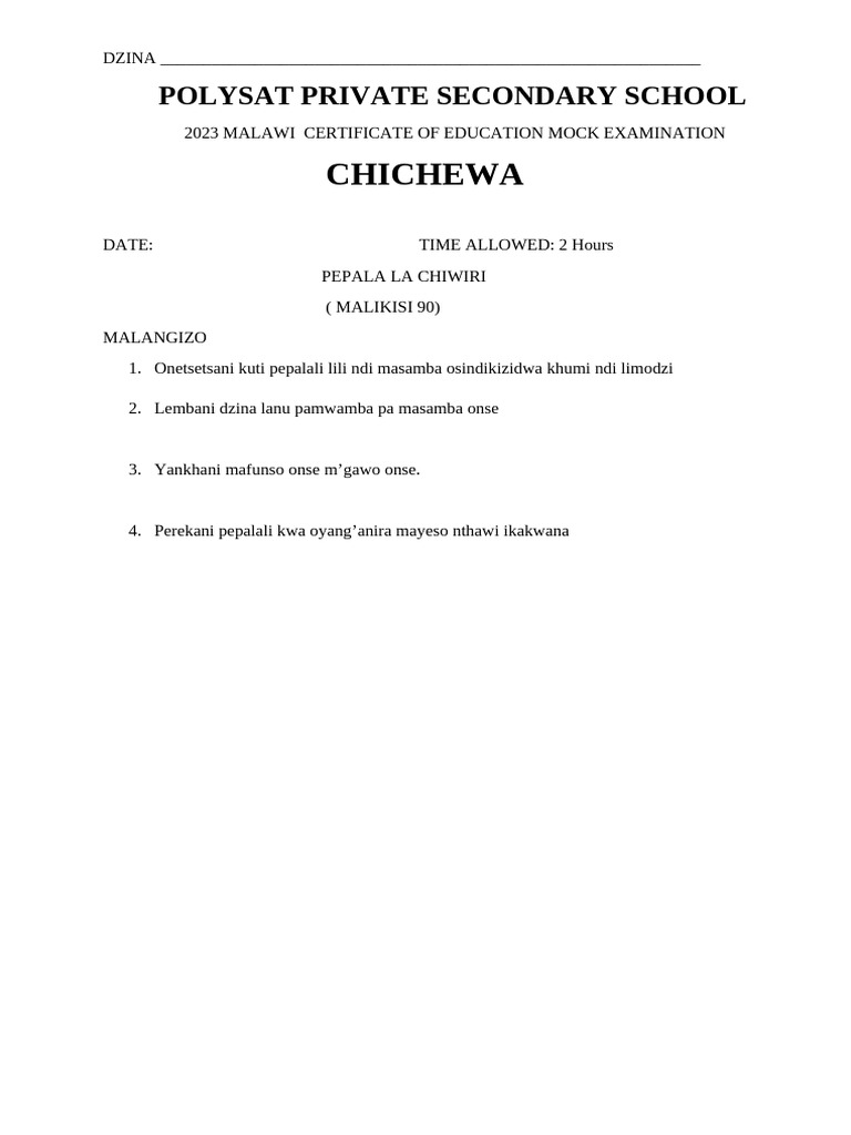 Jce Chichewa Paper (2) | PDF | Languages Of Africa