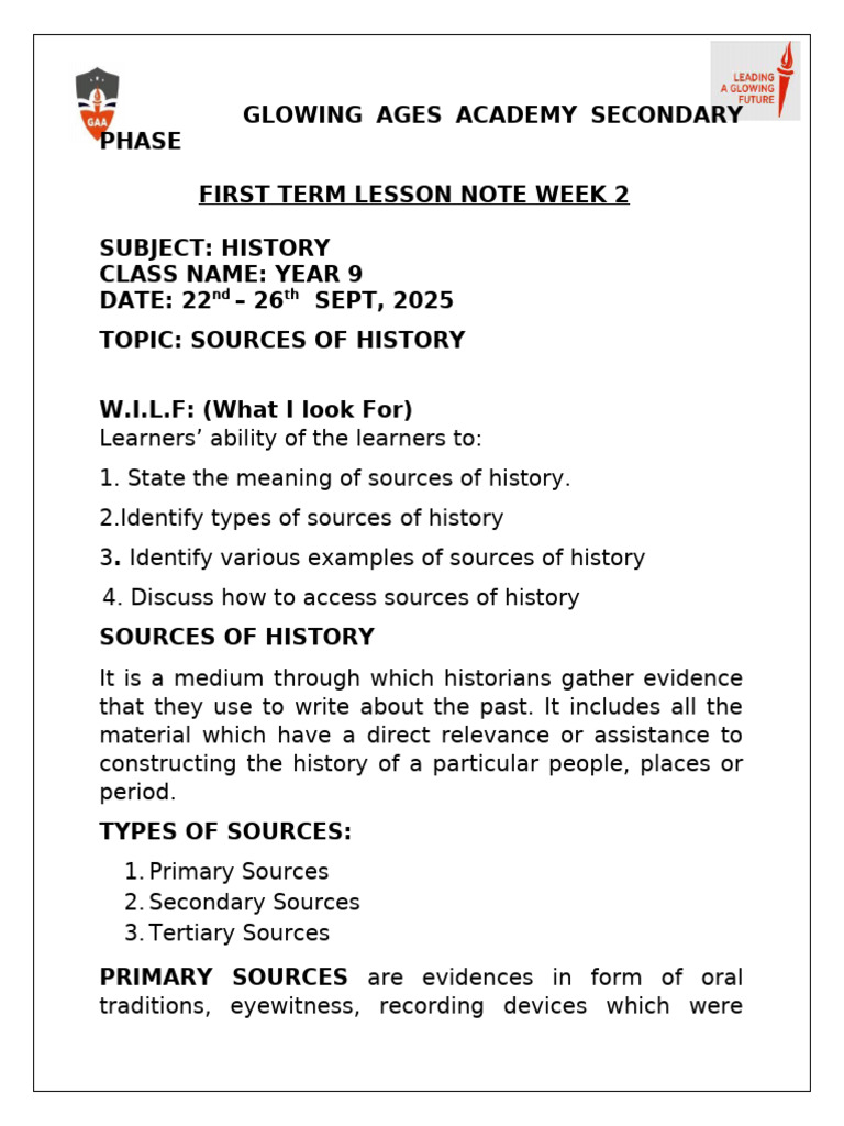 1st Term Hist Note Yr7 Week 2 | PDF | Primary Sources | Human Communication