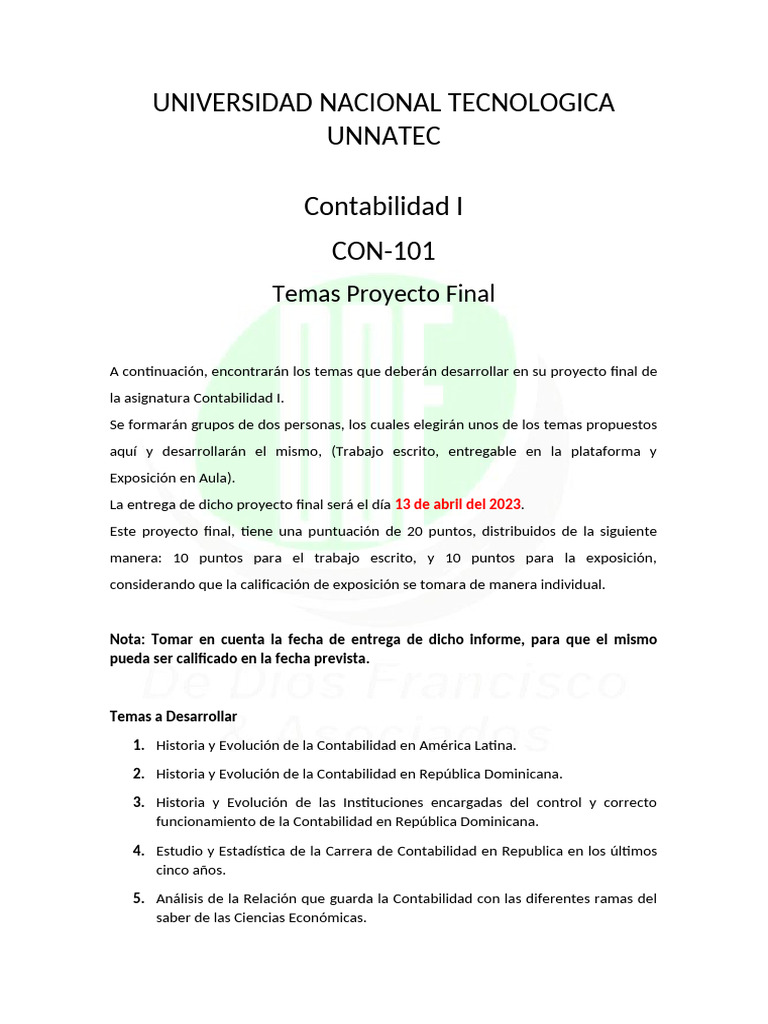 Temas Proyecto Final Contabilidad I Marzo-Abril 2024 | PDF